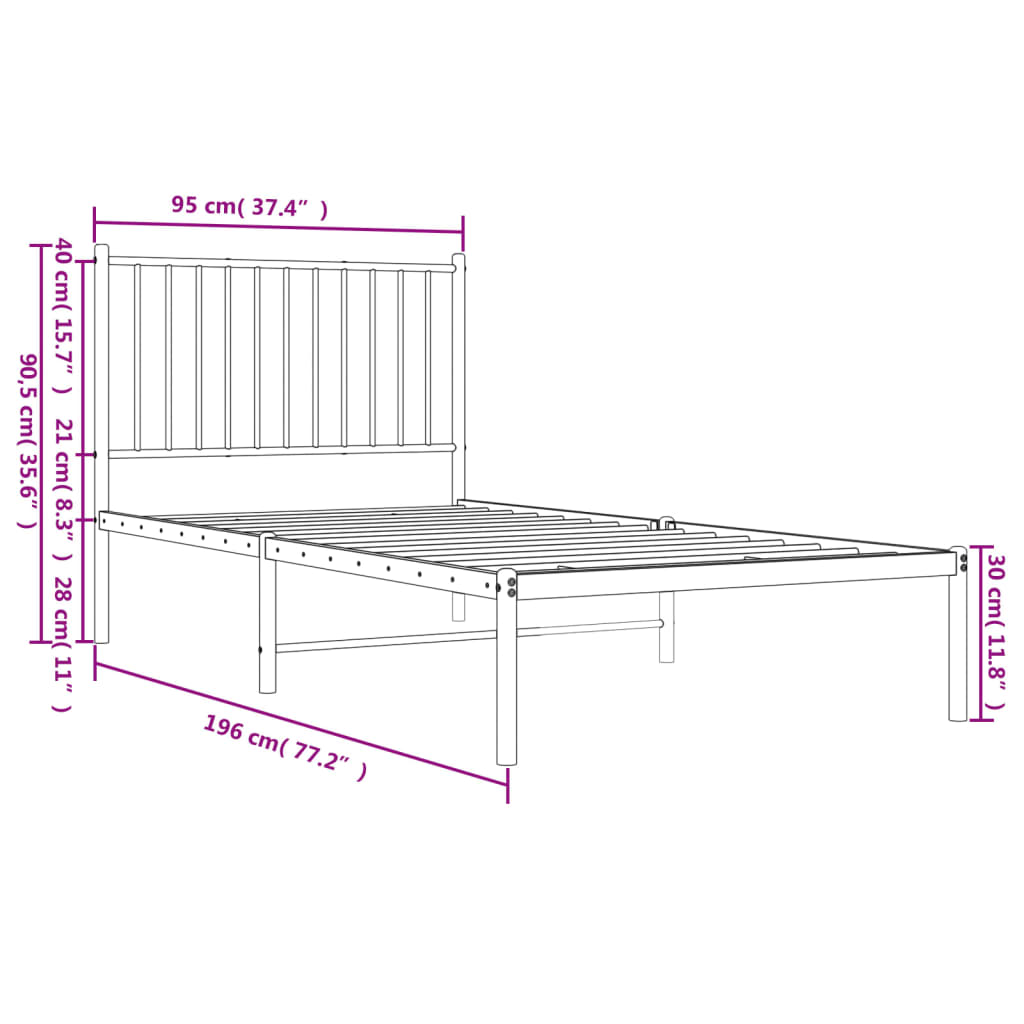 Berkfield Metal Bed Frame with Headboard Black 90x190 cm 3FT Single