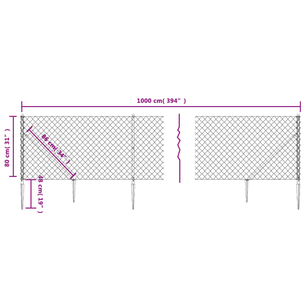 Berkfield Chain Link Fence with Spike Anchors Silver 0.8x10 m