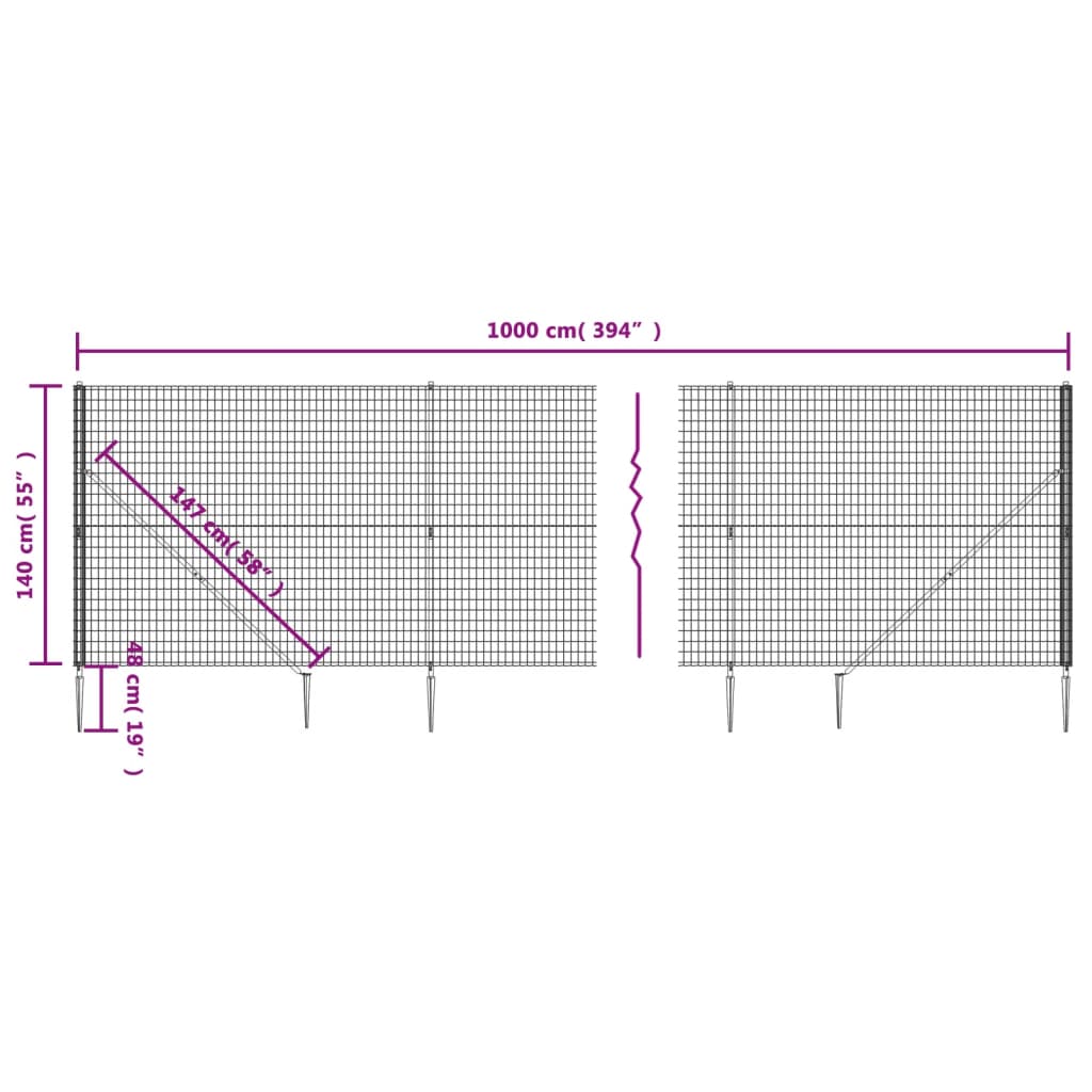 Berkfield Wire Mesh Fence with Spike Anchors Anthracite 1.4x10 m