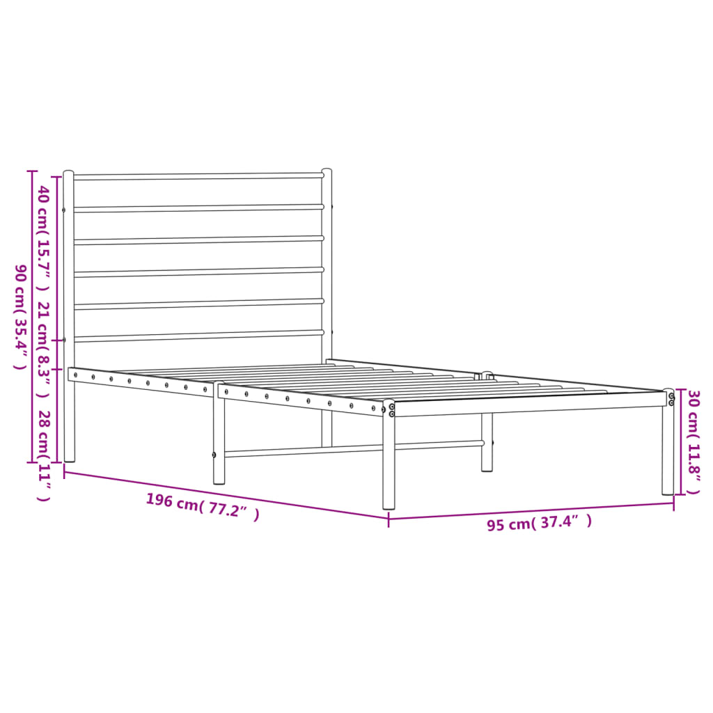 Berkfield Metal Bed Frame with Headboard White 90x190 cm 3FT Single