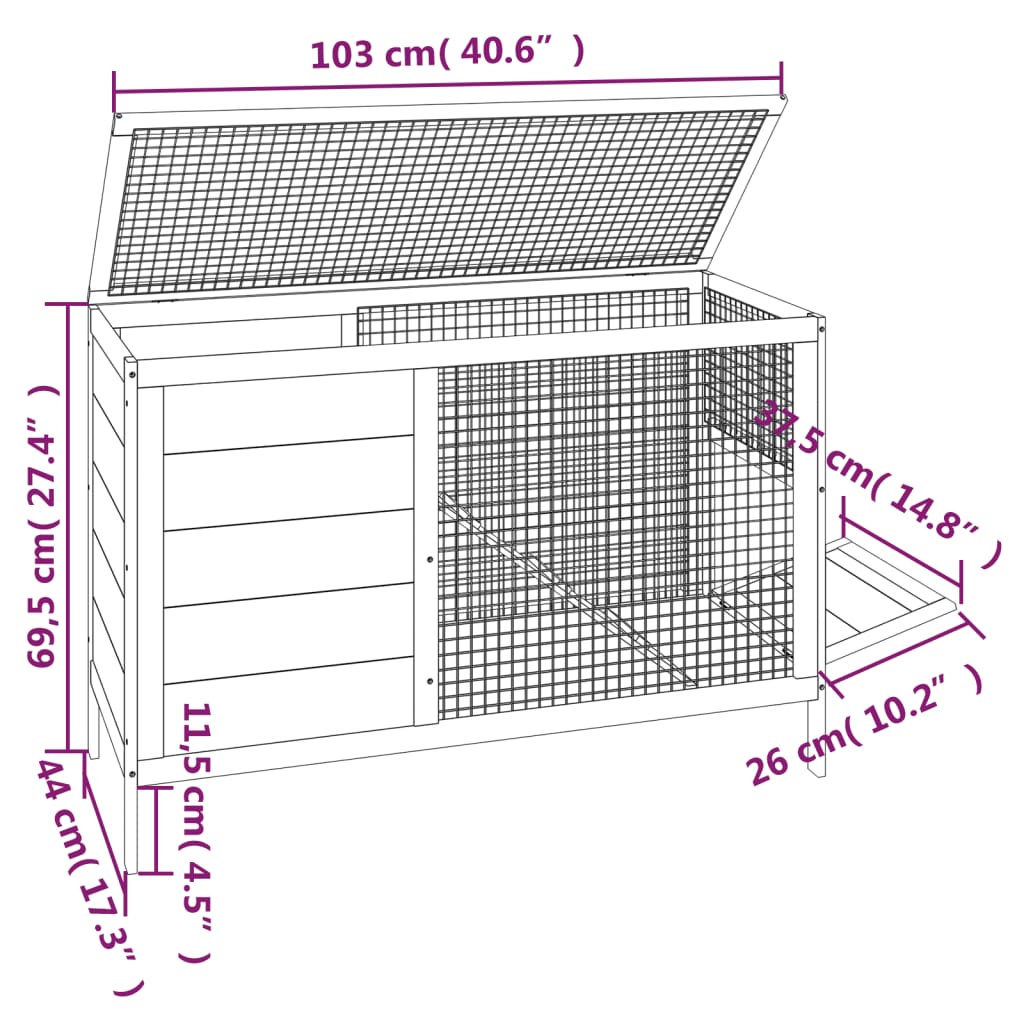 Berkfield Rabbit Hutch Grey 103x44x69.5 cm Solid Wood Pine