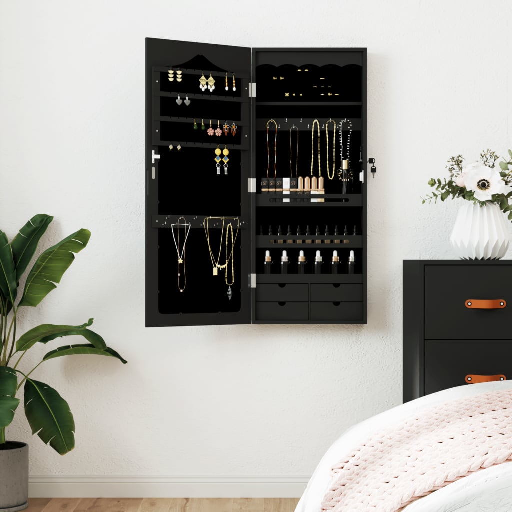 Berkfield Mirror Jewellery Cabinet Wall Mounted Black 37.5x10x90 cm