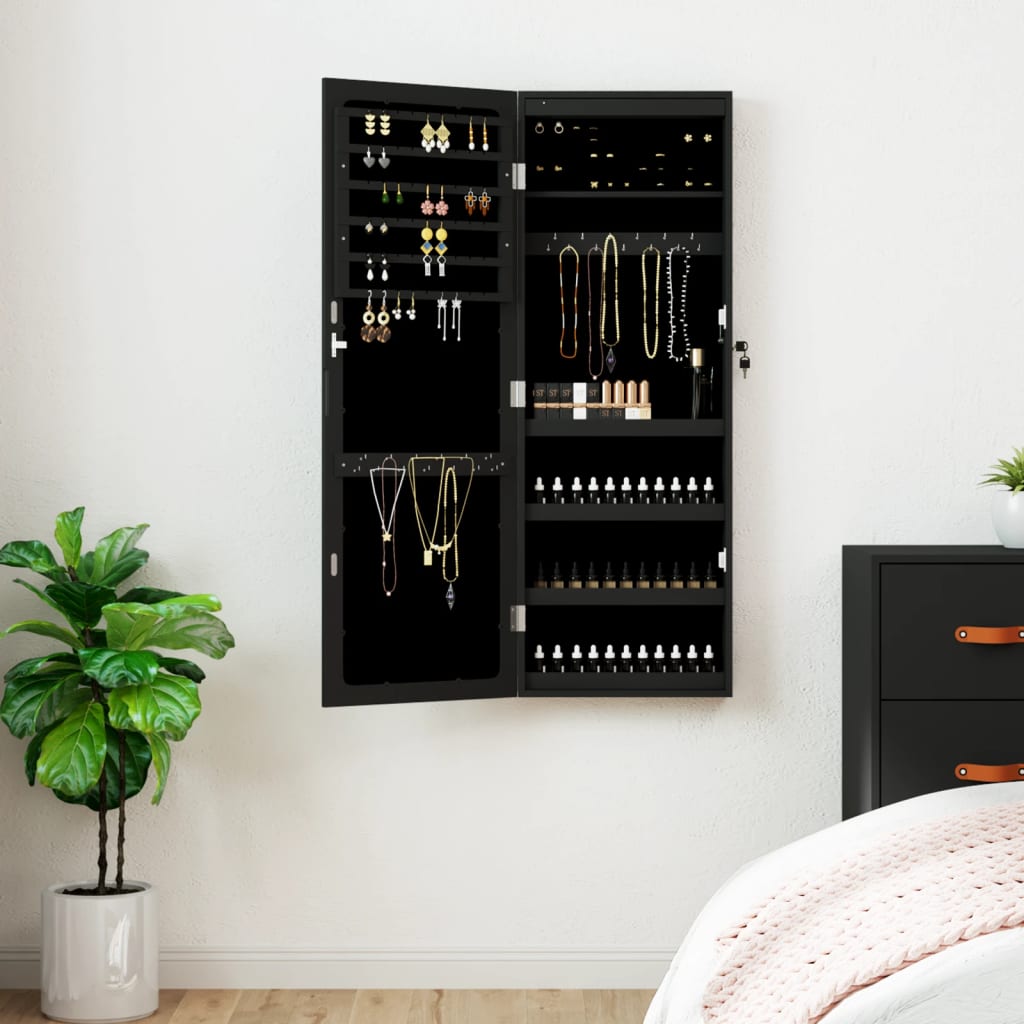 Berkfield Mirror Jewellery Cabinet with LED Lights Wall Mounted Black