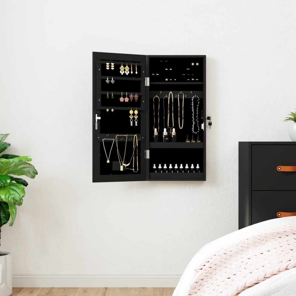 Berkfield Mirror Jewellery Cabinet with LED Lights Wall Mounted Black
