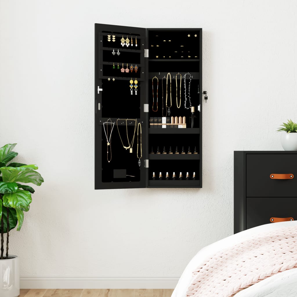 Berkfield Mirror Jewellery Cabinet with LED Lights Wall Mounted Black