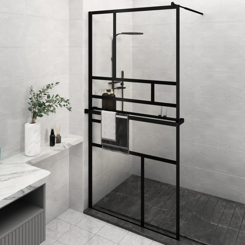 Berkfield Walk-in Shower Wall with Shelf Black 115x195 cm ESG Glass&Aluminium