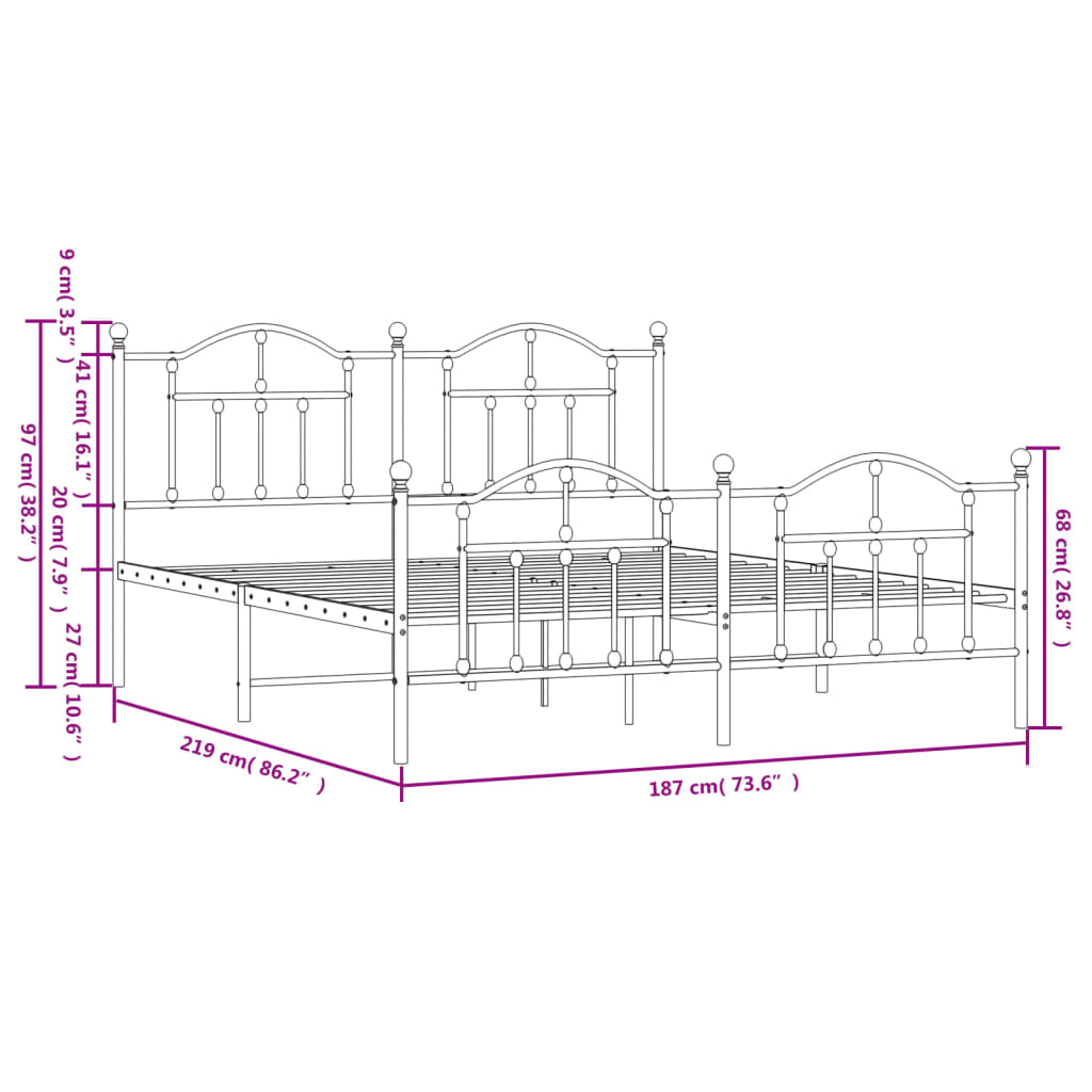 Berkfield Metal Bed Frame with Headboard and Footboard Black 183x213 cm