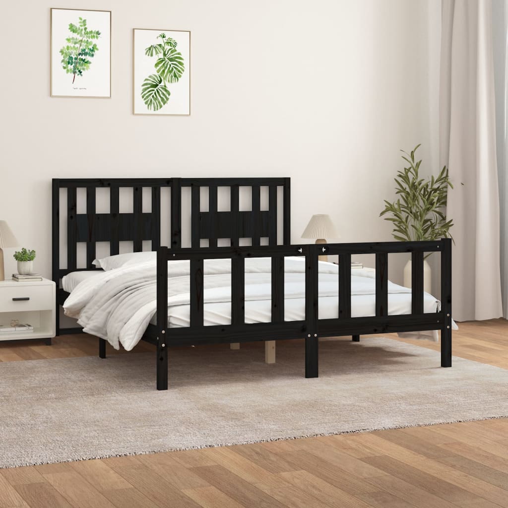 Berkfield Bed Frame with Headboard Black Solid Wood Pine 150x200 cm King Size