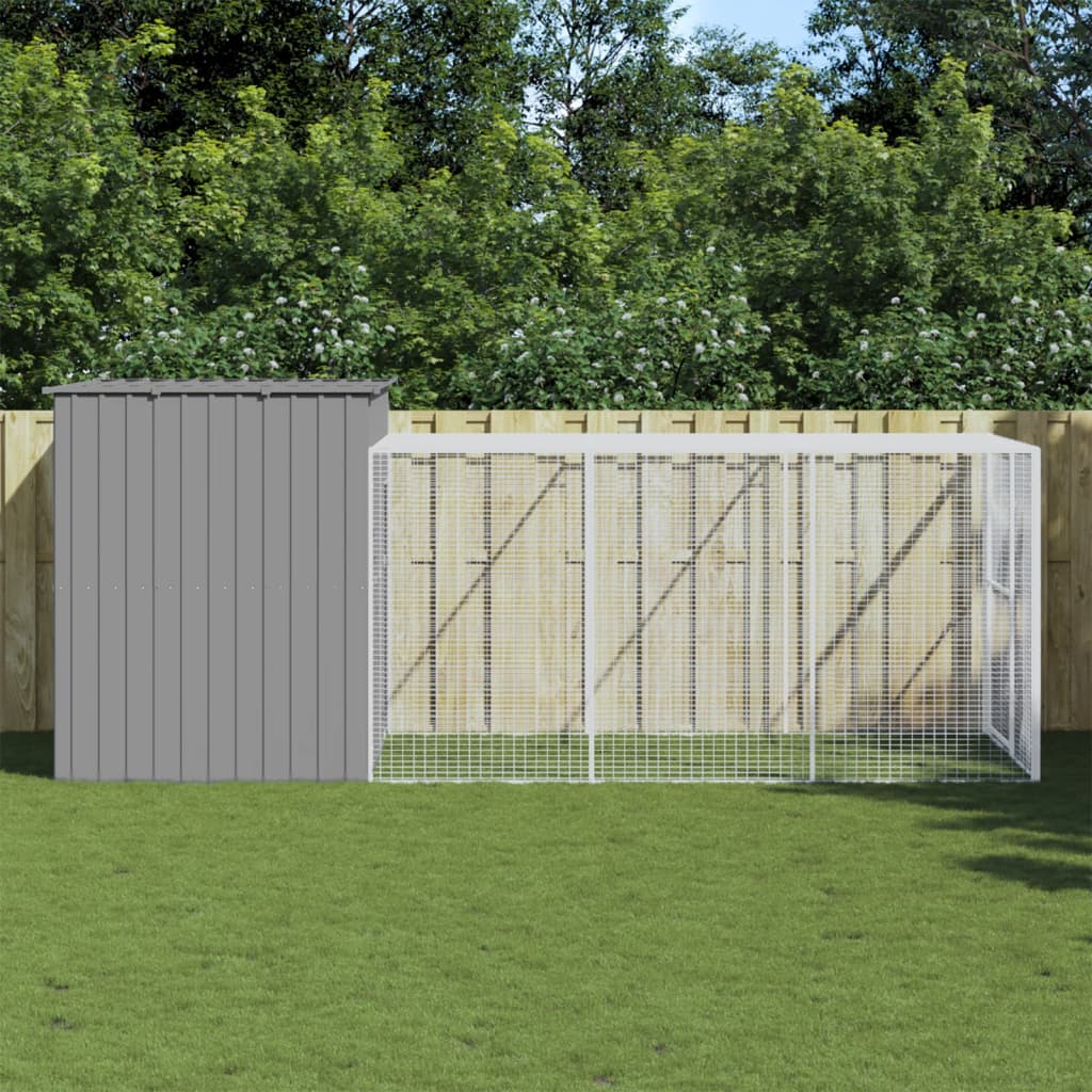 Berkfield Dog House with Run Light Grey 214x457x181 cm Galvanised Steel