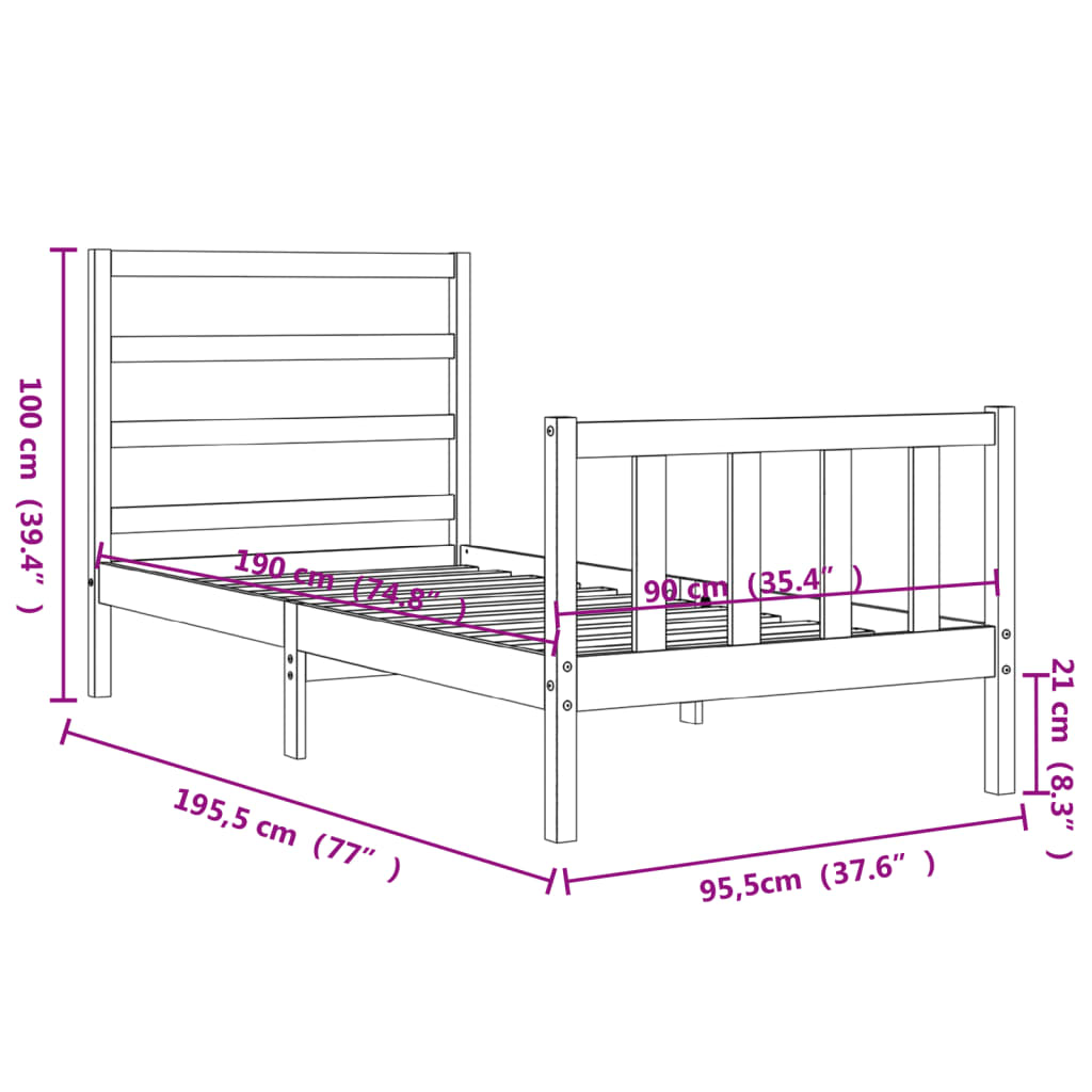 Berkfield Bed Frame with Headboard Grey 90x190 cm Solid Wood