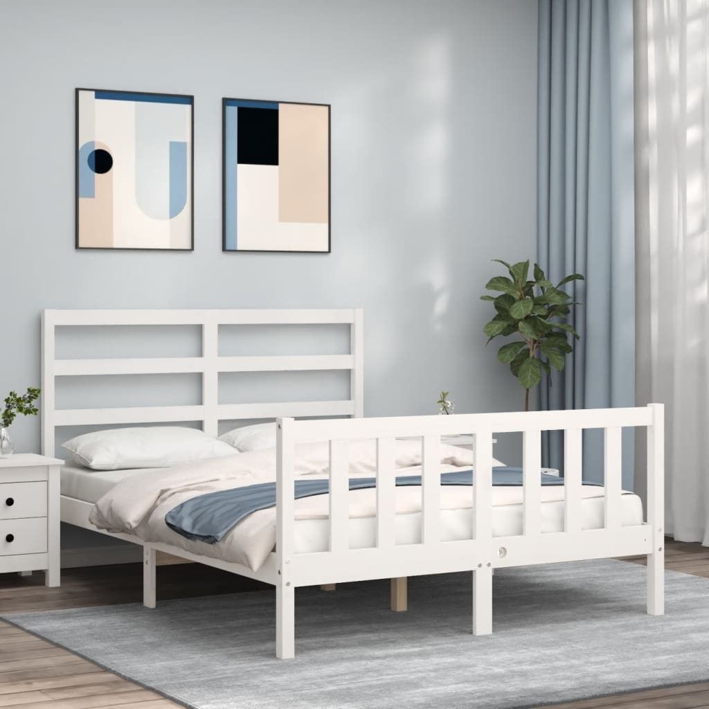 Berkfield Bed Frame with Headboard White Double Solid Wood