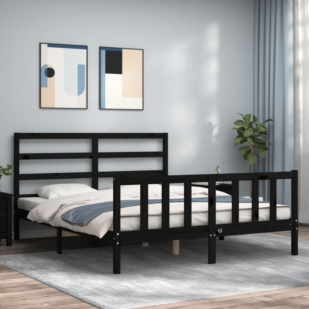 Berkfield Bed Frame with Headboard Black King Size Solid Wood