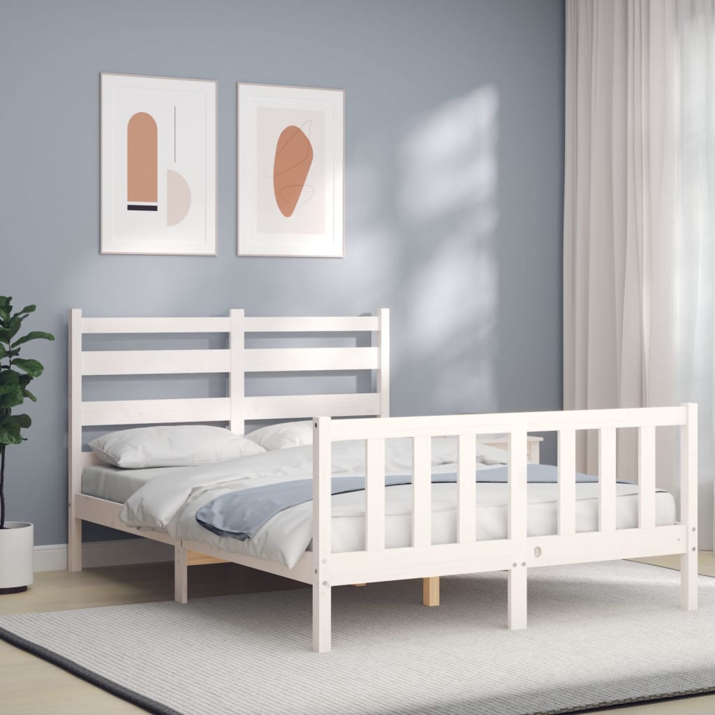 Berkfield Bed Frame with Headboard White Double Solid Wood