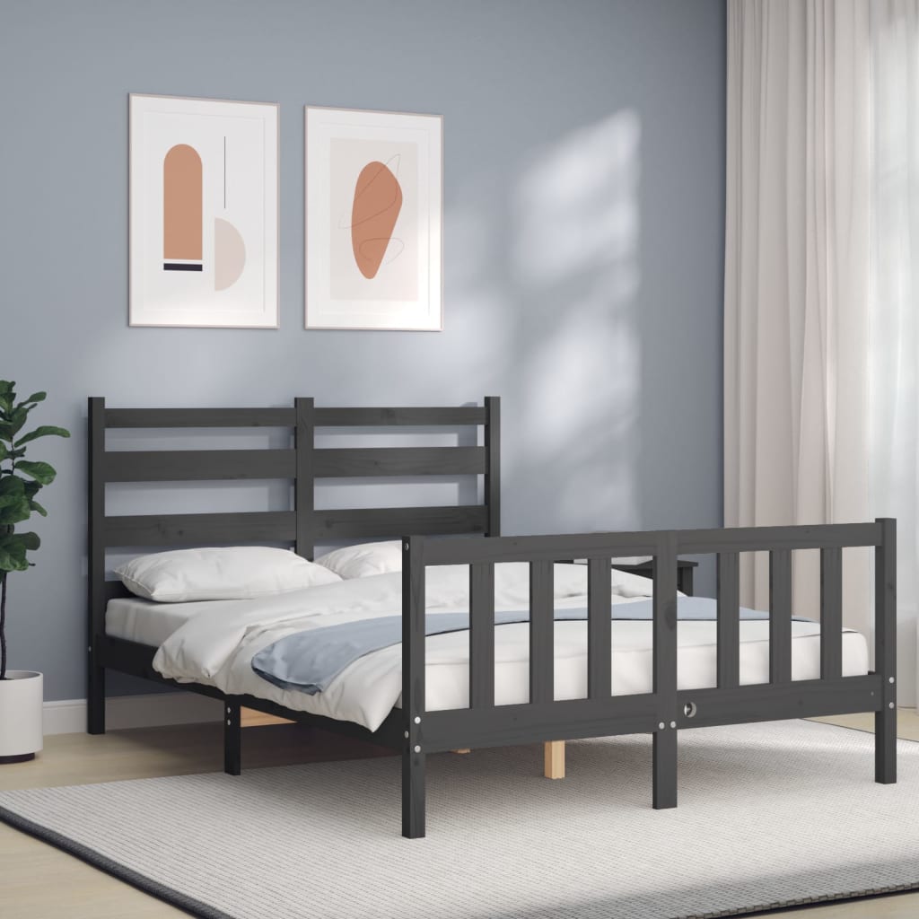 Berkfield Bed Frame with Headboard Grey Double Solid Wood