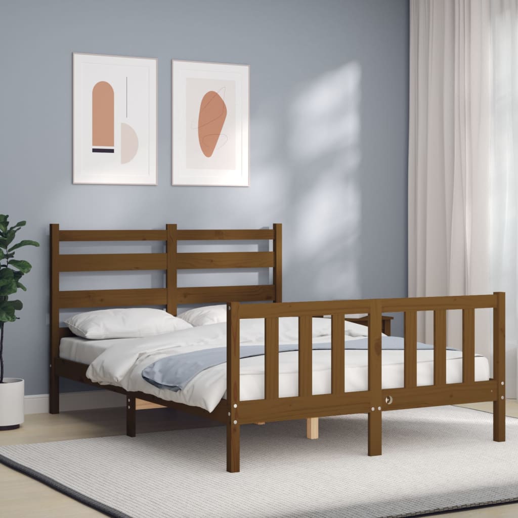 Berkfield Bed Frame with Headboard Honey Brown Double Solid Wood