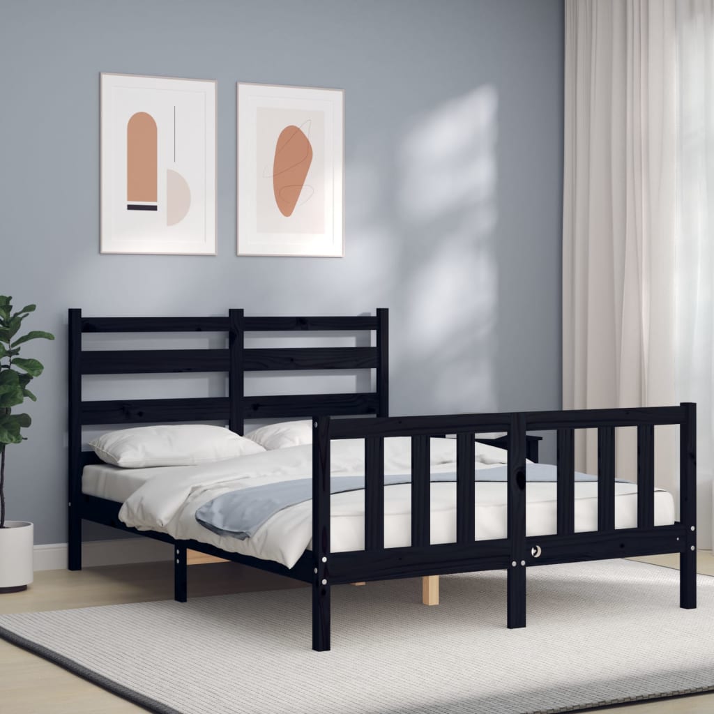 Berkfield Bed Frame with Headboard Black Double Solid Wood