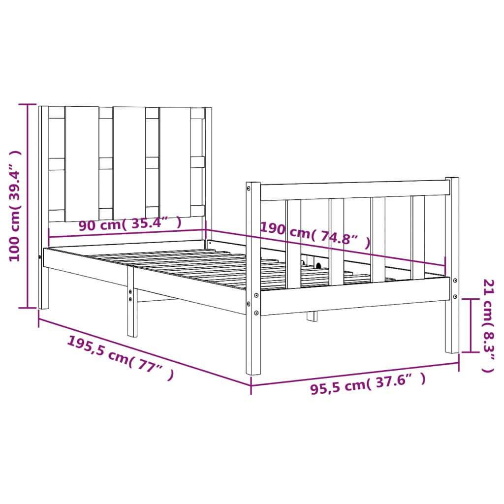Berkfield Bed Frame with Headboard 90x190 cm Solid Wood