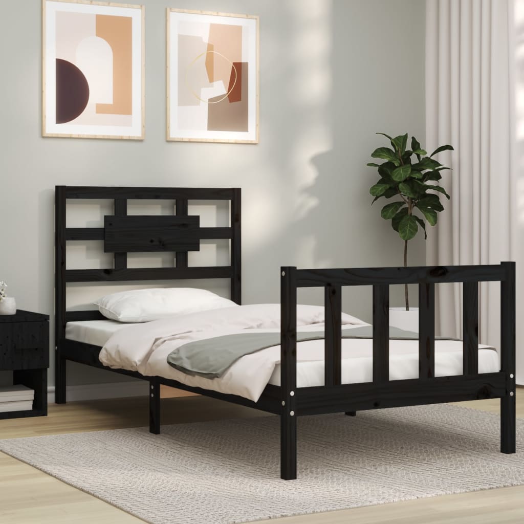 Berkfield Bed Frame with Headboard Black Small Single Solid Wood