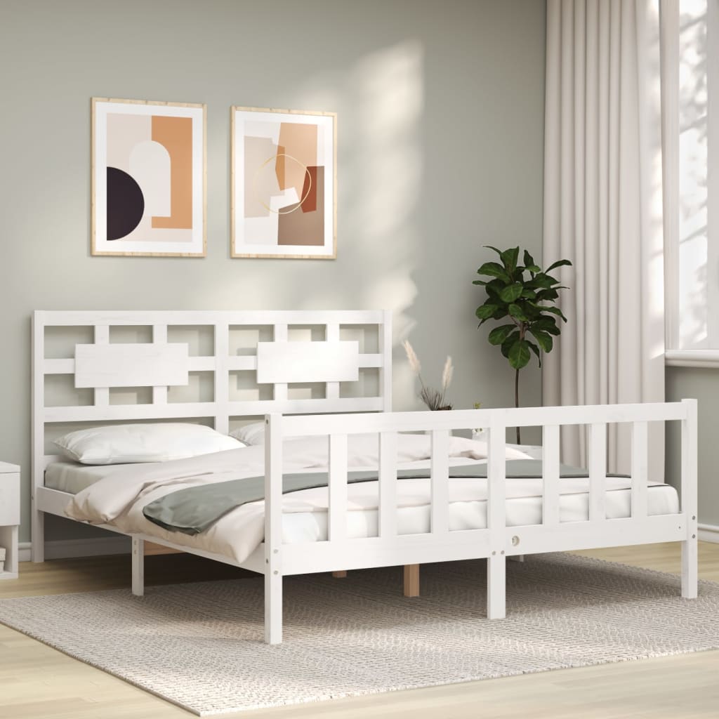 Berkfield Bed Frame with Headboard White King Size Solid Wood