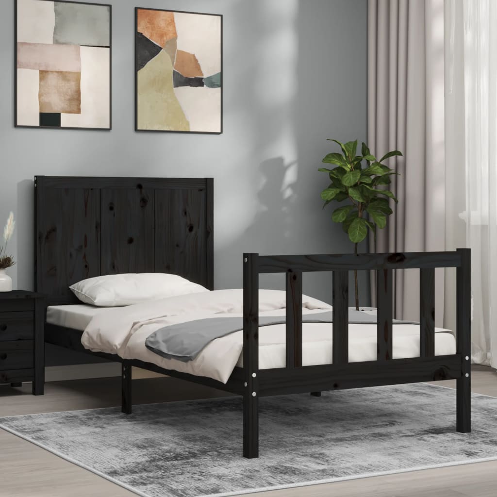 Berkfield Bed Frame with Headboard Black Small Single Solid Wood