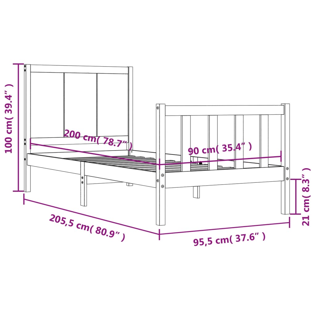 Berkfield Bed Frame with Headboard Black 90x200 cm Solid Wood
