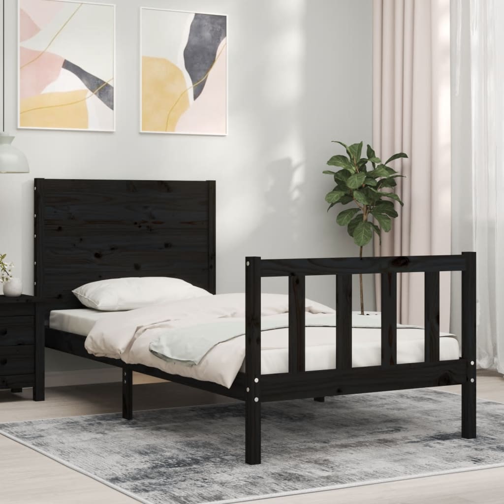 Berkfield Bed Frame with Headboard Black Small Single Solid Wood