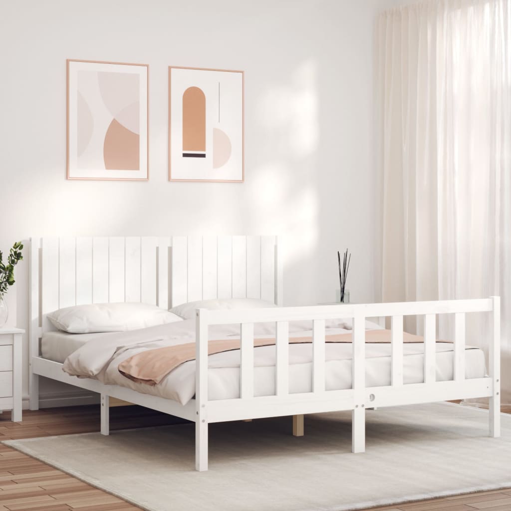 Berkfield Bed Frame with Headboard White King Size Solid Wood