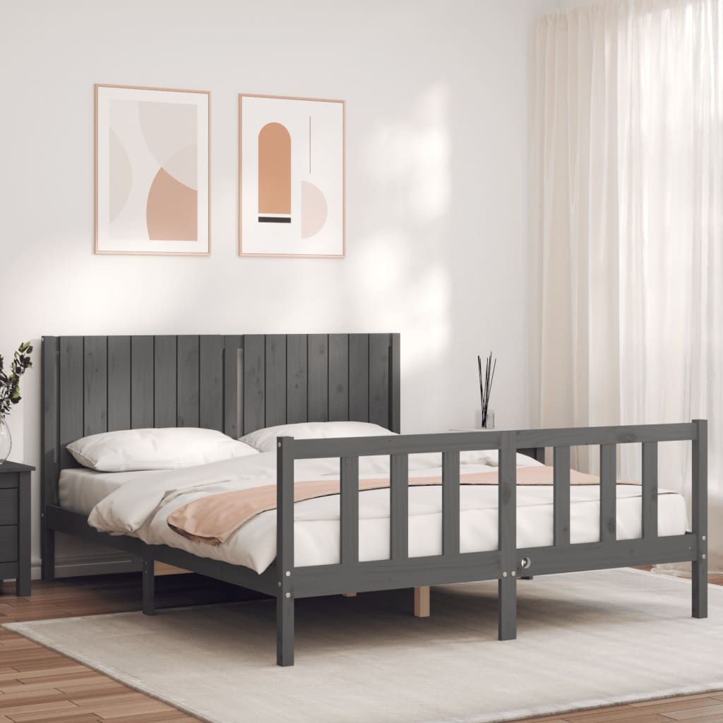 Berkfield Bed Frame with Headboard Grey King Size Solid Wood