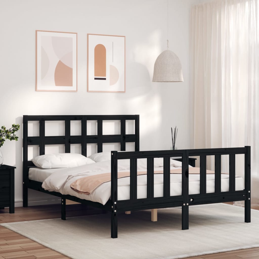 Berkfield Bed Frame with Headboard Black Double Solid Wood