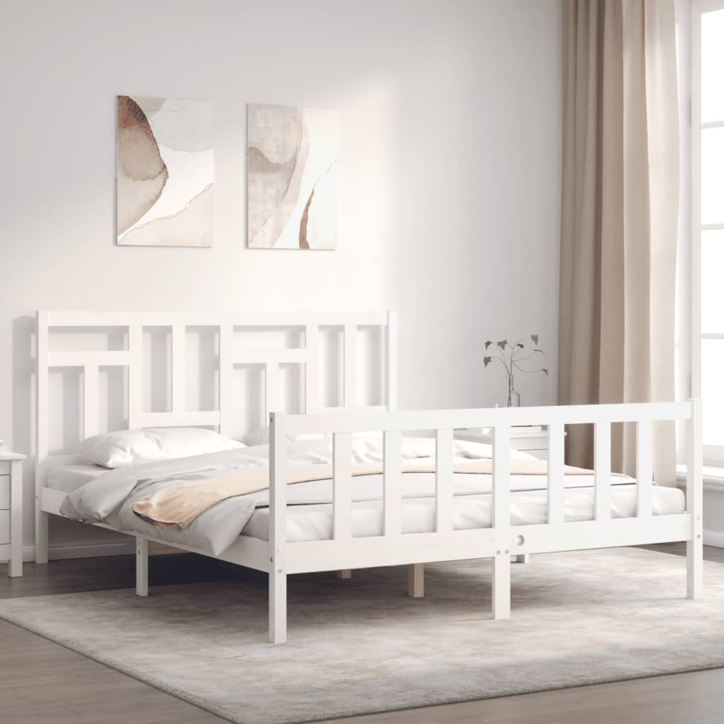 Berkfield Bed Frame with Headboard White King Size Solid Wood