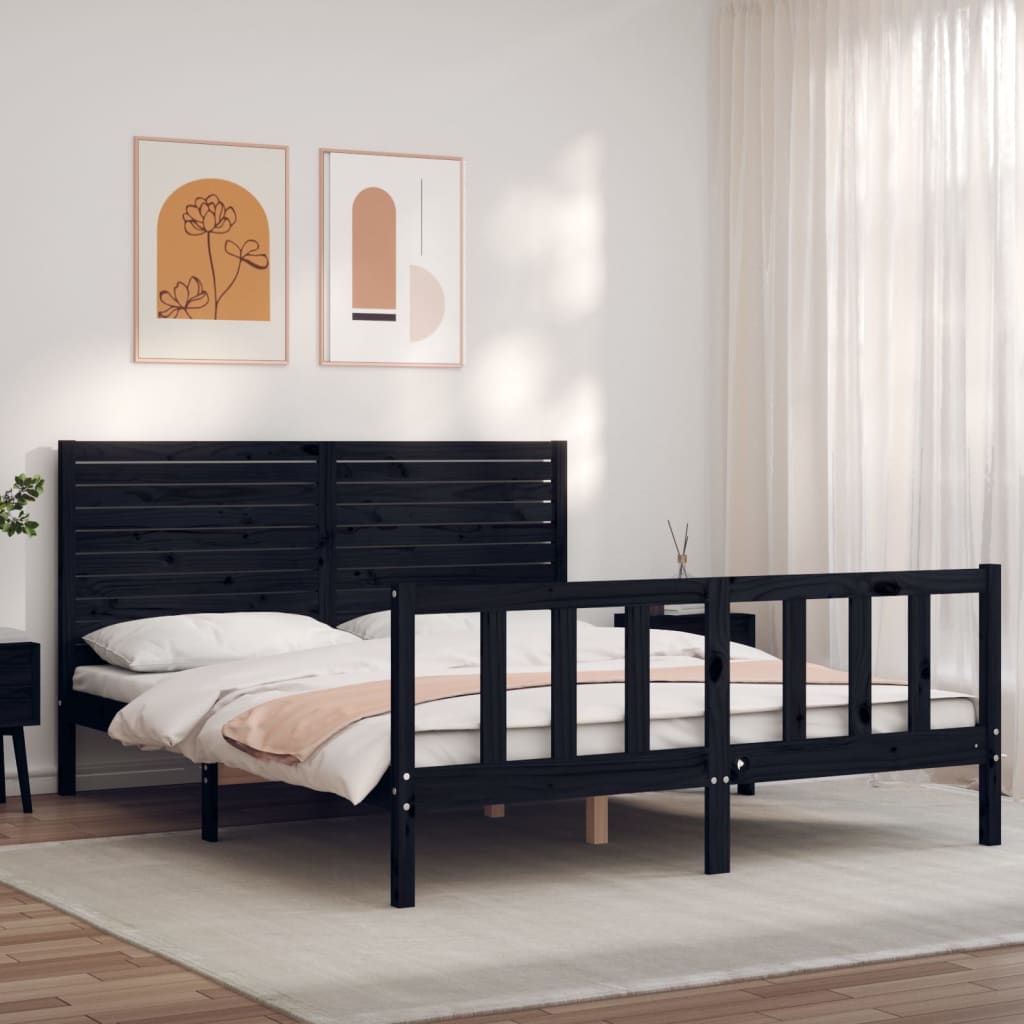 Berkfield Bed Frame with Headboard Black King Size Solid Wood
