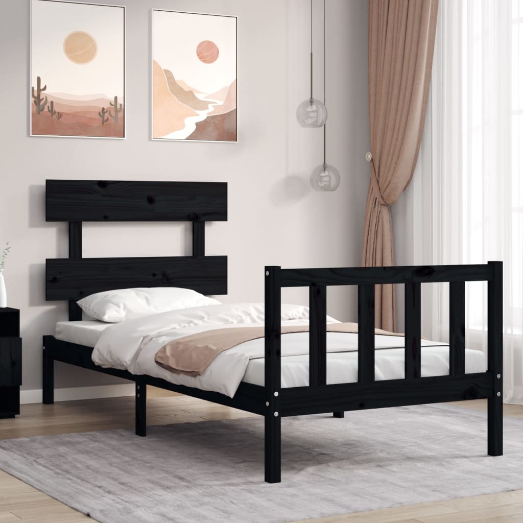 Berkfield Bed Frame with Headboard Black Single Solid Wood