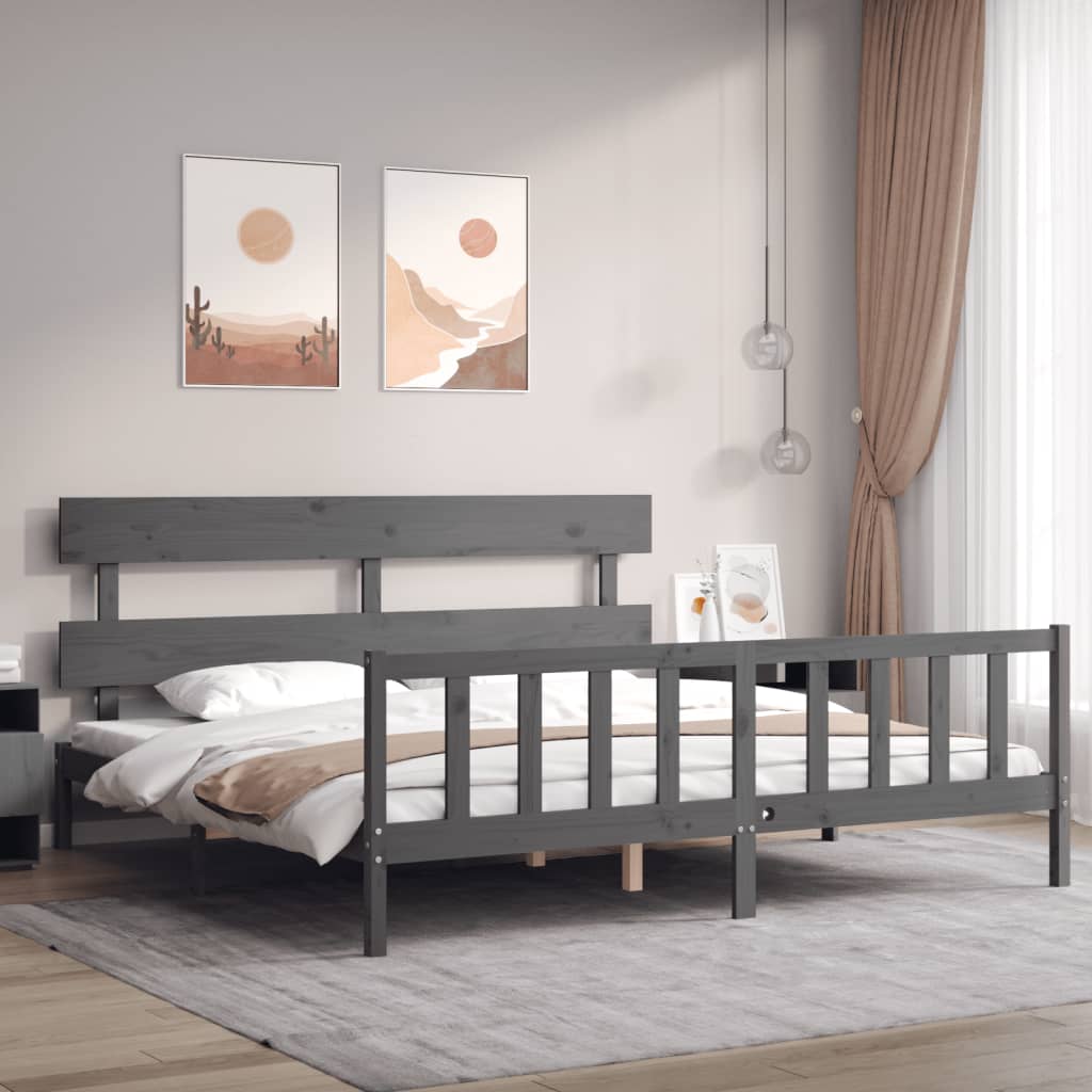 Berkfield Bed Frame with Headboard Grey Super King Size Solid Wood