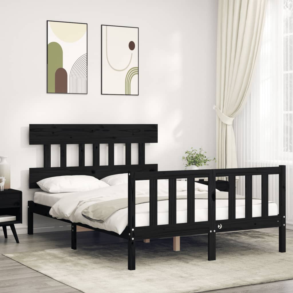 Berkfield Bed Frame with Headboard Black Small Double Solid Wood