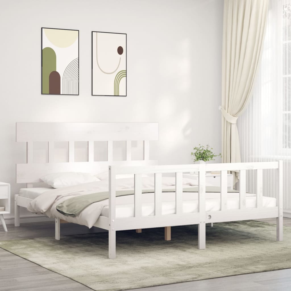 Berkfield Bed Frame with Headboard White King Size Solid Wood