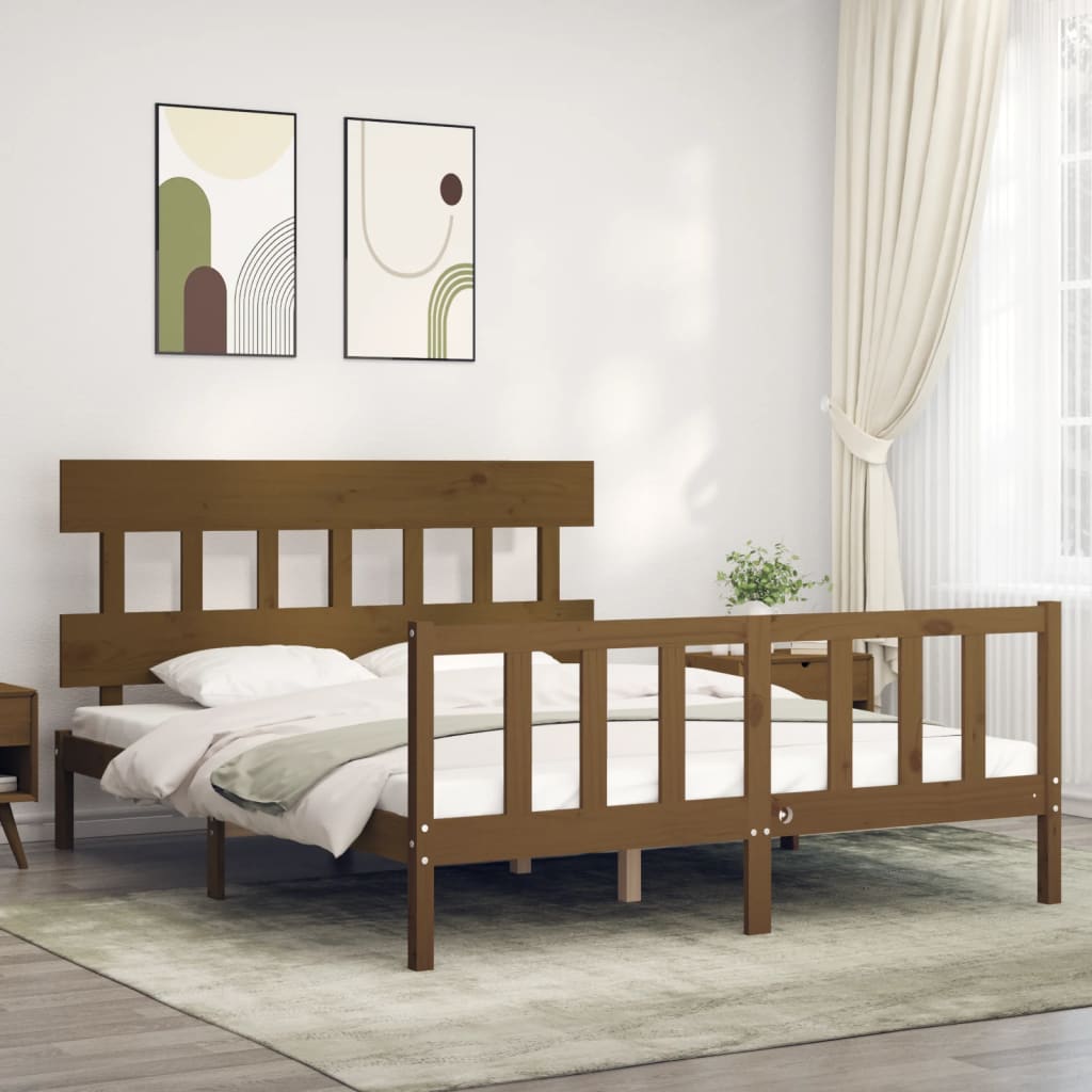 Berkfield Bed Frame with Headboard Honey Brown King Size Solid Wood