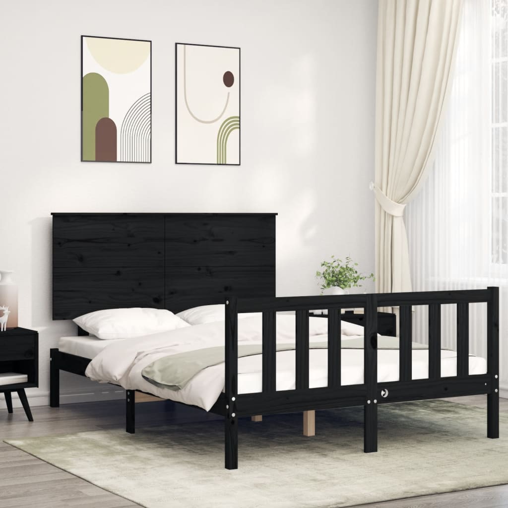 Berkfield Bed Frame with Headboard Black Double Solid Wood