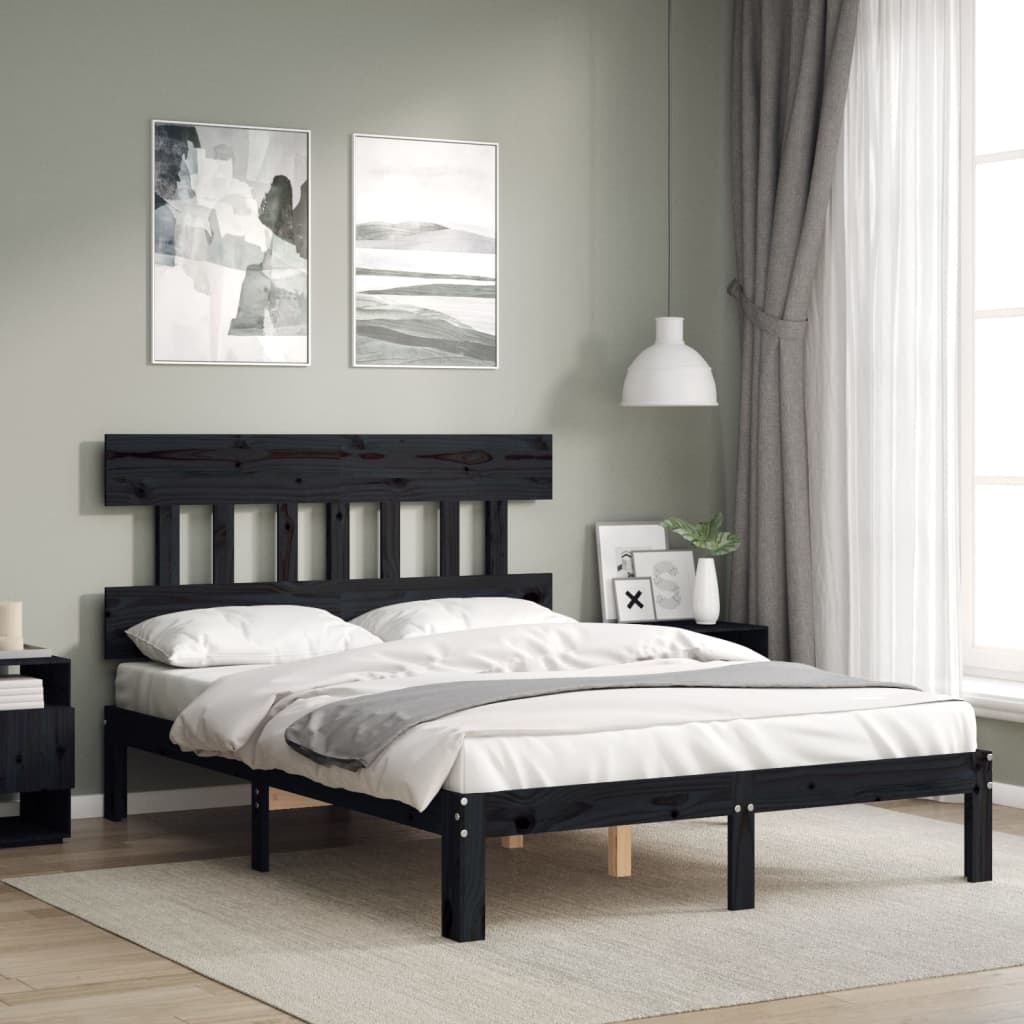 Berkfield Bed Frame with Headboard Black Small Double Solid Wood
