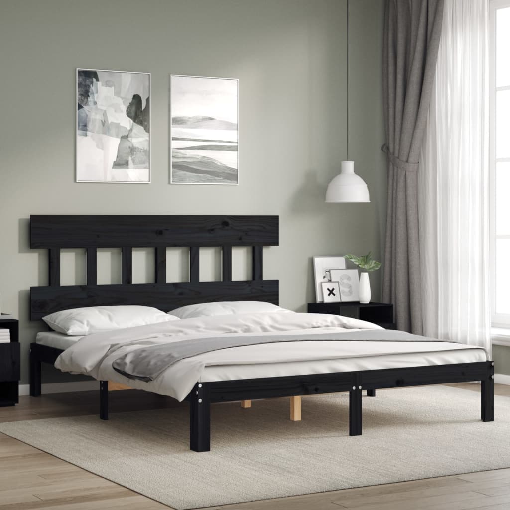 Berkfield Bed Frame with Headboard Black King Size Solid Wood