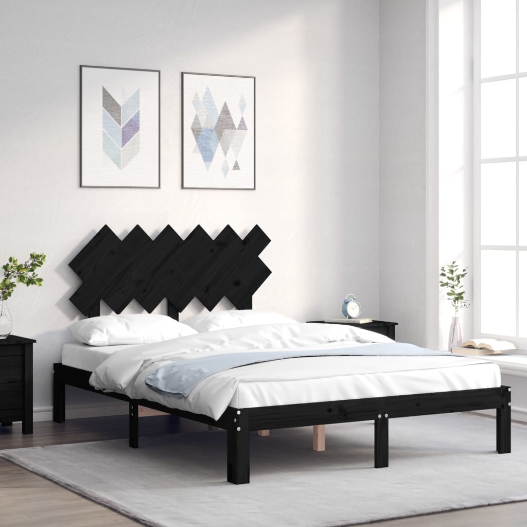 Berkfield Bed Frame with Headboard Black Small Double Solid Wood