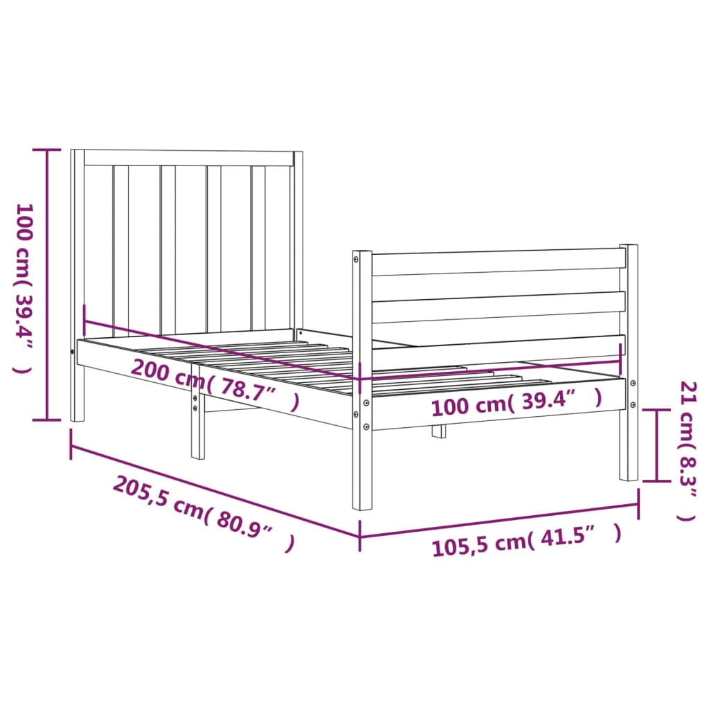 Berkfield Bed Frame with Headboard Black 100x200 cm Solid Wood