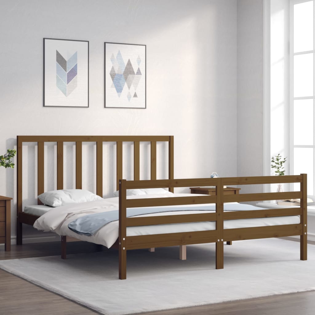 Berkfield Bed Frame with Headboard Honey Brown King Size Solid Wood