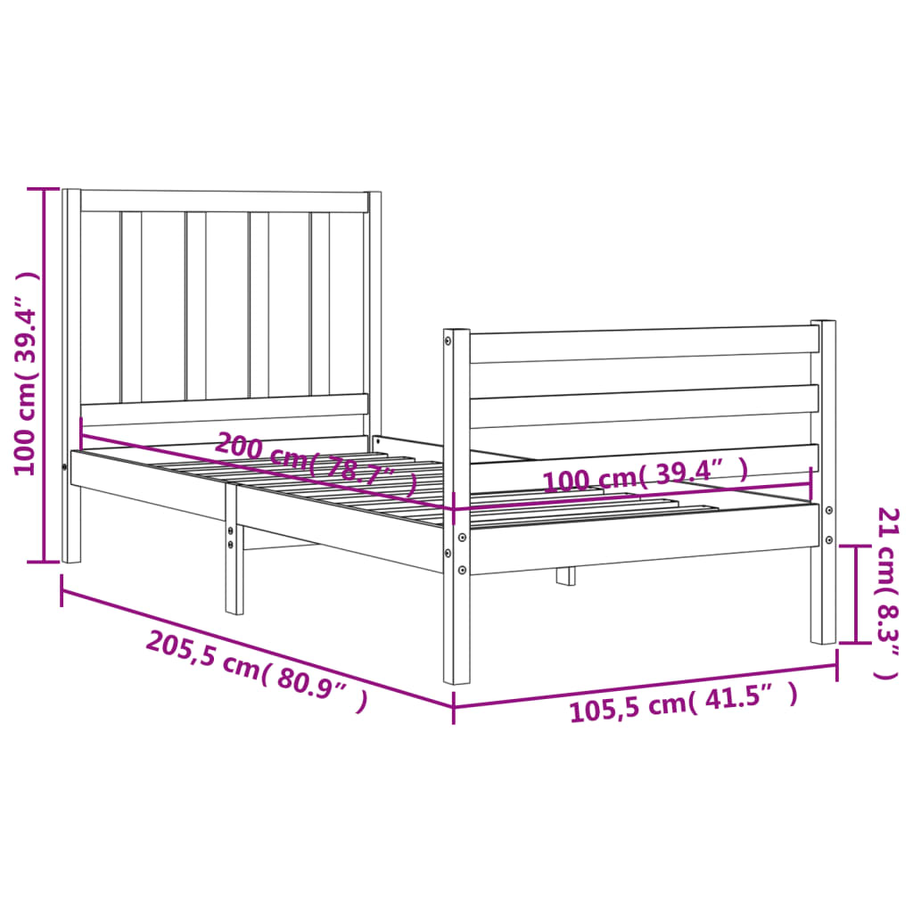 Berkfield Bed Frame with Headboard Grey 100x200 cm Solid Wood