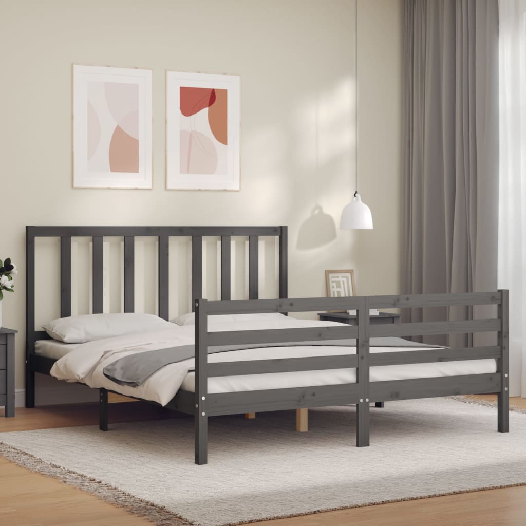 Berkfield Bed Frame with Headboard Grey King Size Solid Wood