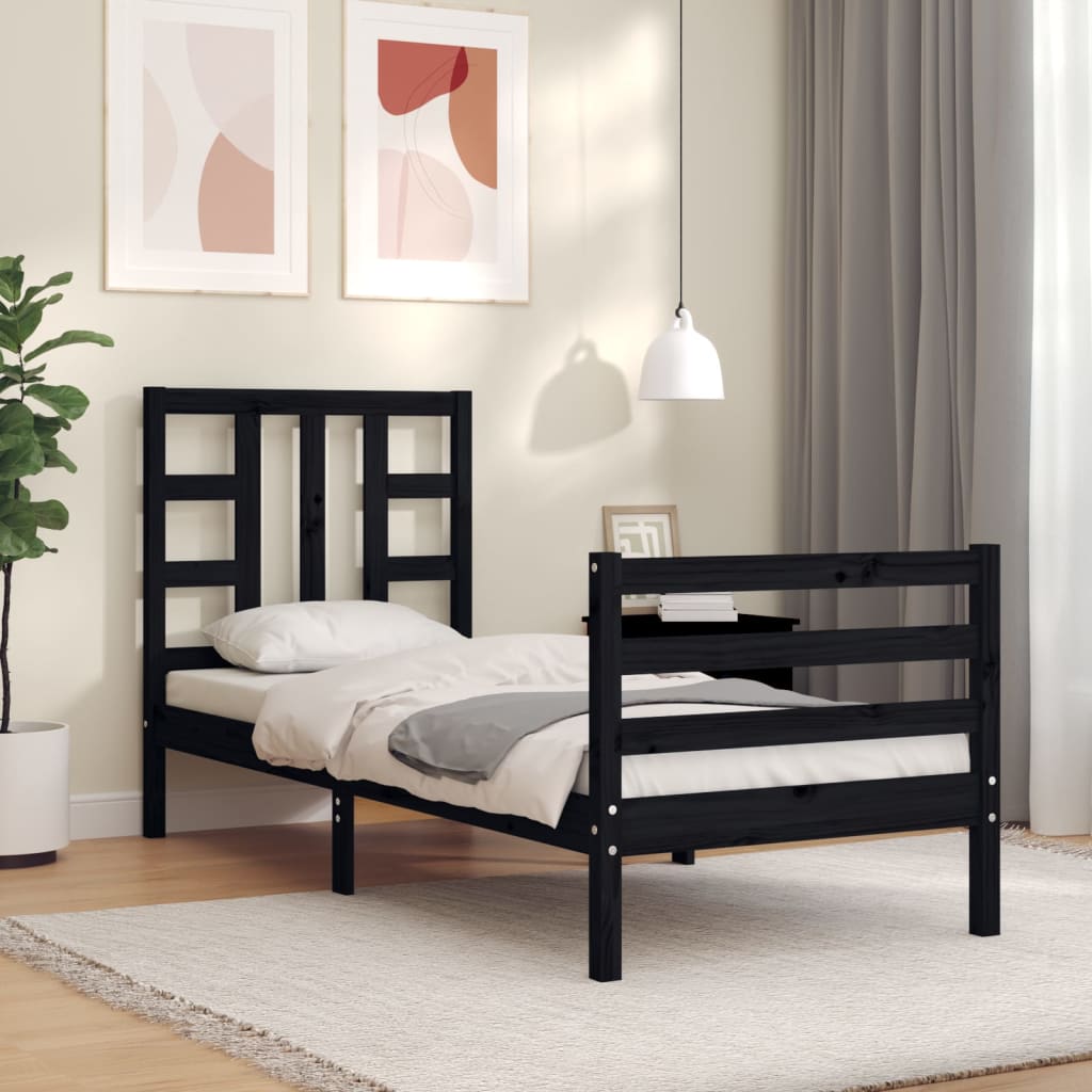 Berkfield Bed Frame with Headboard Black Small Single Solid Wood