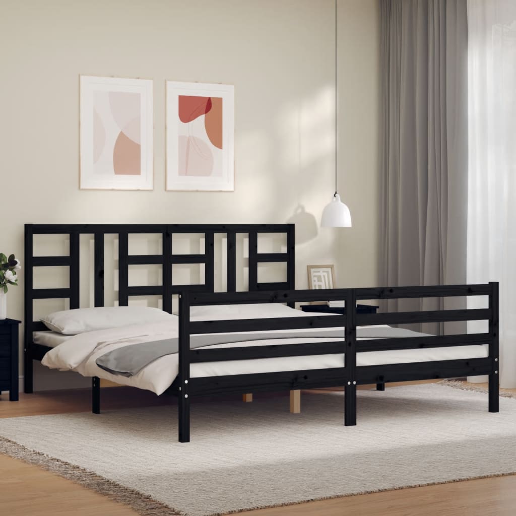 Berkfield Bed Frame with Headboard Black Super King Size Solid Wood