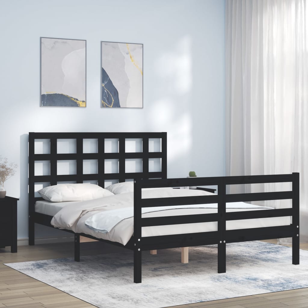 Berkfield Bed Frame with Headboard Black Small Double Solid Wood