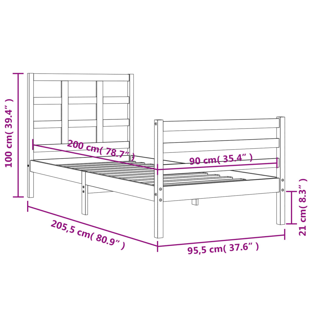 Berkfield Bed Frame with Headboard Grey 90x200 cm Solid Wood