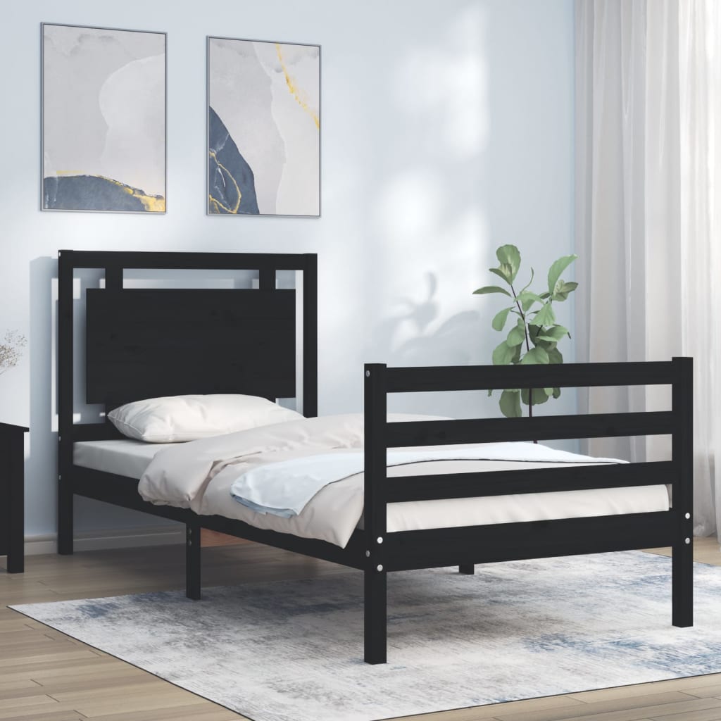 Berkfield Bed Frame with Headboard Black Single Solid Wood