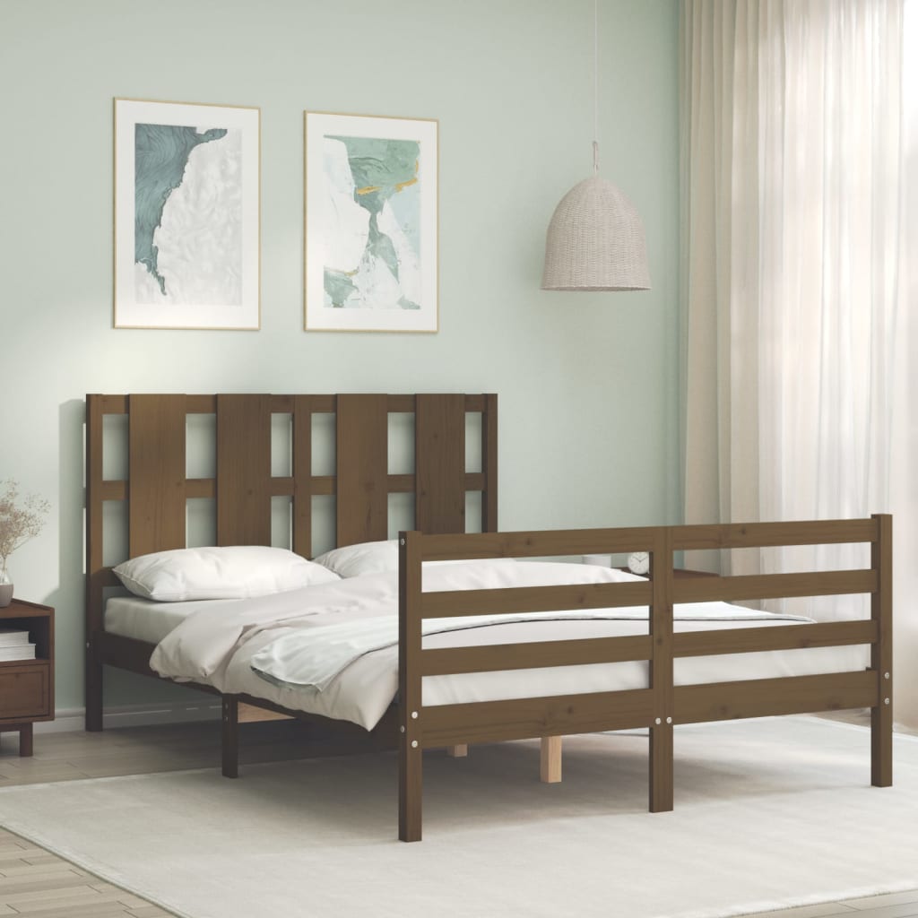 Berkfield Bed Frame with Headboard Honey Brown Double Solid Wood